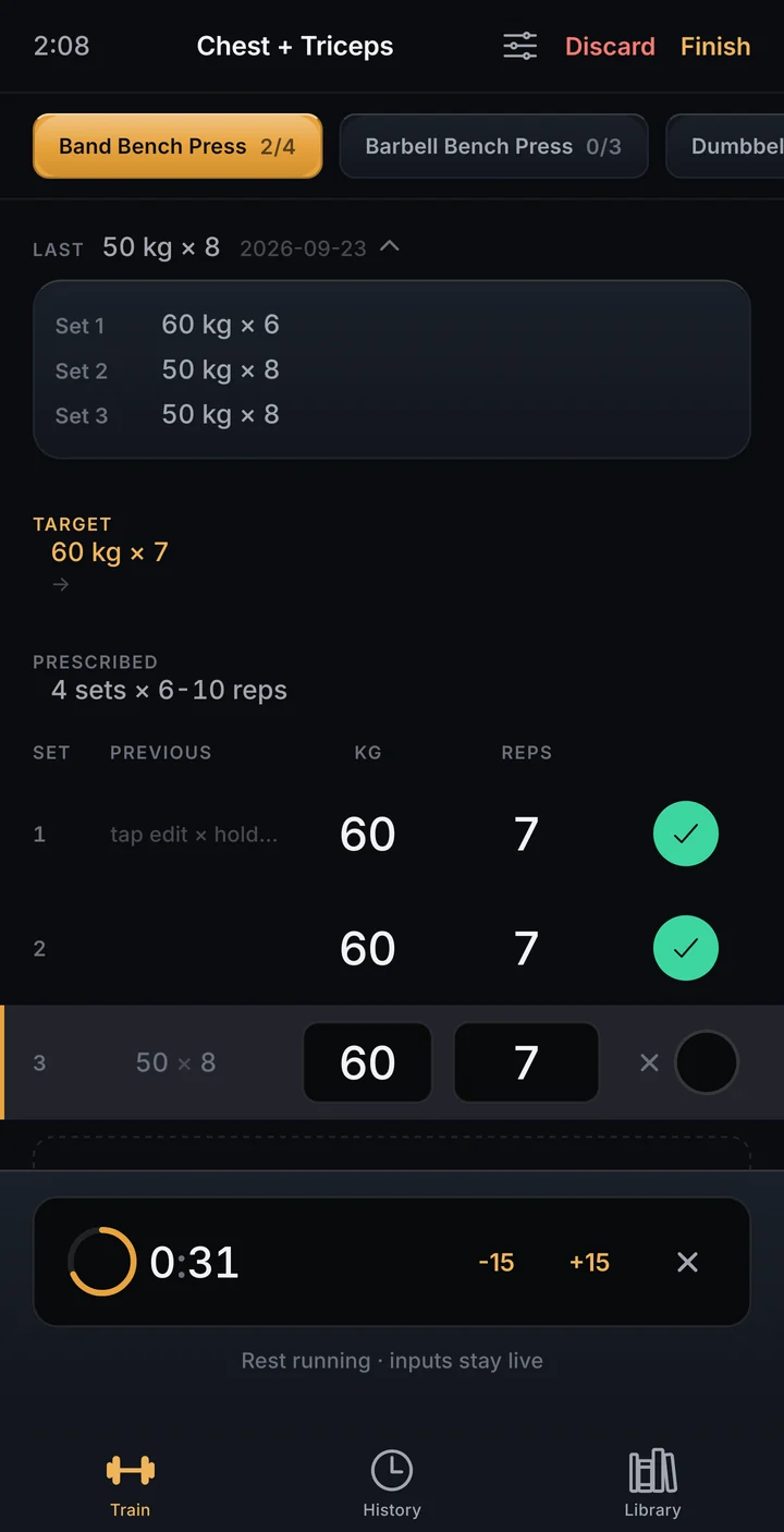 Active workout on Band Bench Press: last session's three sets, a 60 kg × 7 target, two sets ticked, set three ready and the rest timer counting down, in dark mode